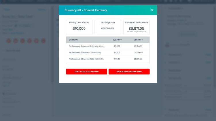 Currency-R8 sits right inside your HubSpot Deal screen